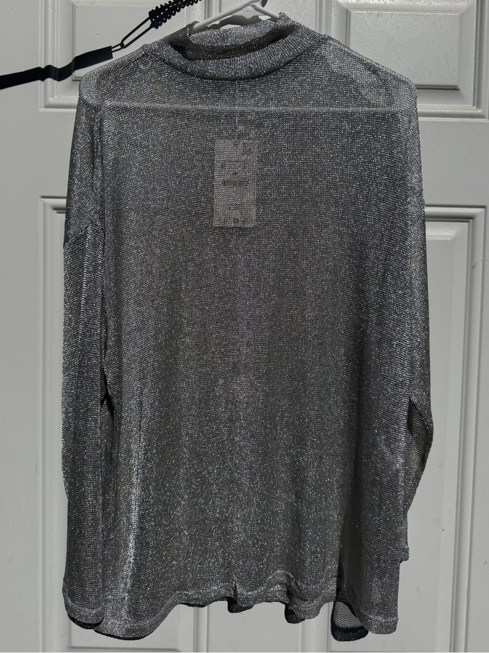 NWT Zara Metallic Silver Sheer Knit Mock Neck Long Sleeve Top M